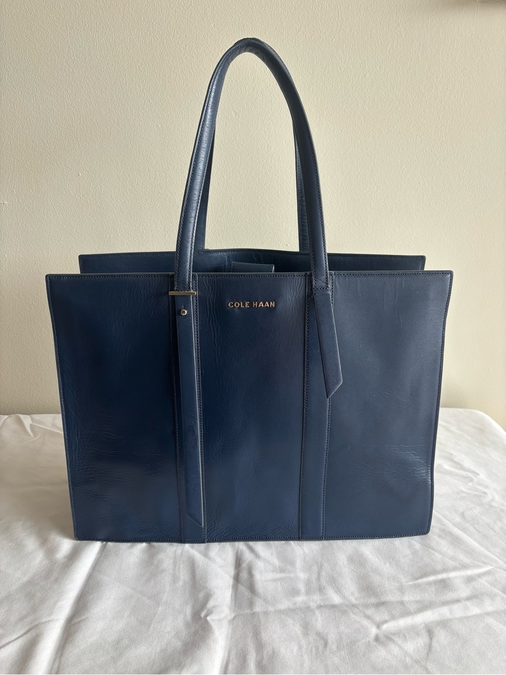 Cole Haan Vestry Collection Navy Blue Leather Structured Tote Bag Work Satchel